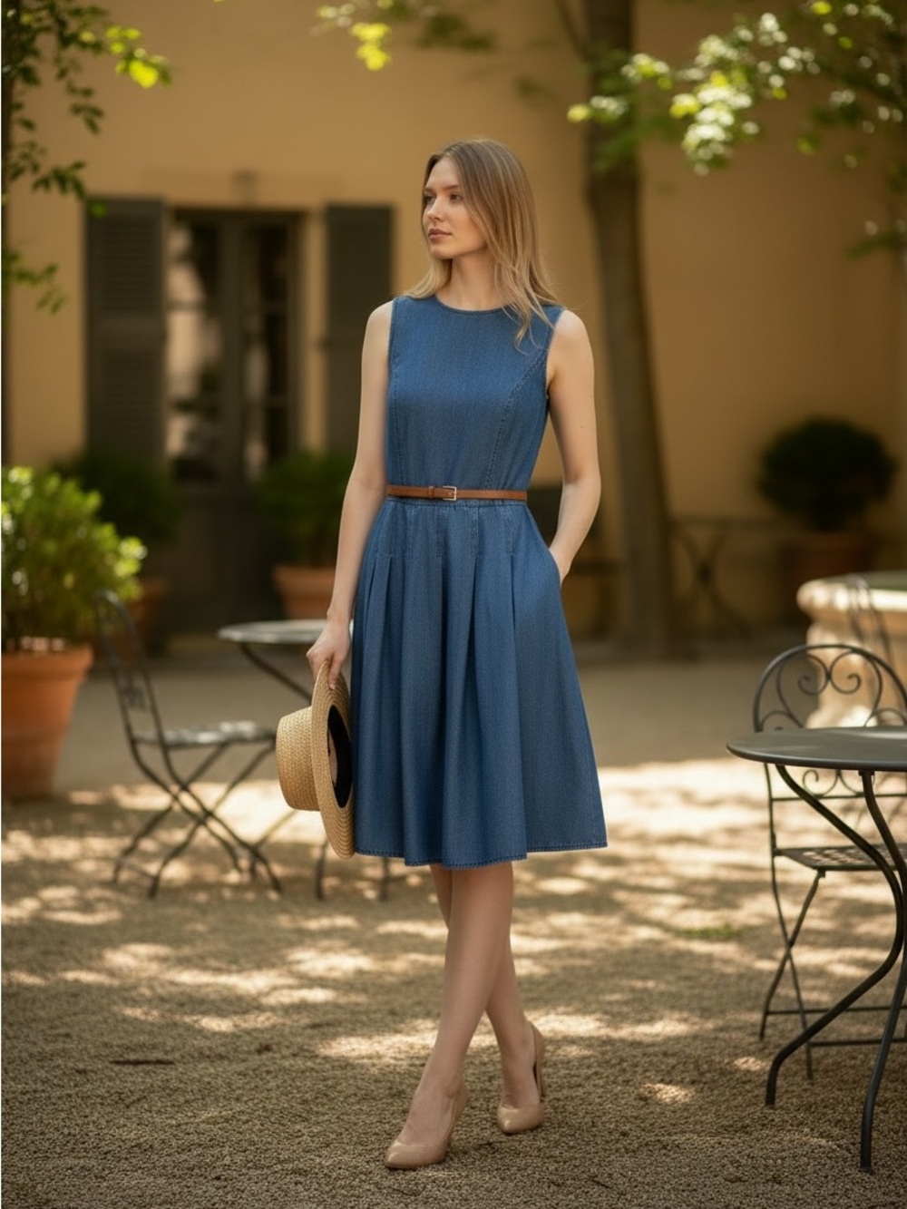 Tommy Hilfiger Chambray Fit & Flare Dress Belted Pleated Size 4